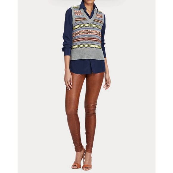 Polo Ralph Lauren Sweater Vest Fair Isle Cashmere Silk Top Coat Preppy Runway XS - Picture 4 of 13